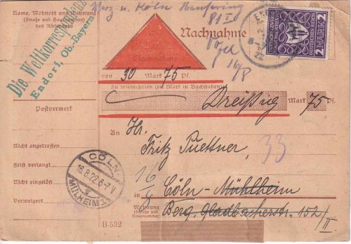 DR-Infla - 2 M. Gewerbeschau München Nachnahmekarte Endorf Cöln-Mülheim 15.8.22