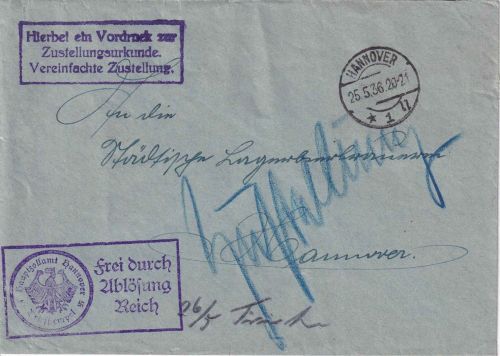 DR - Hannover 1936 Orts-Zustellurkunde/Frei d. Ablösung