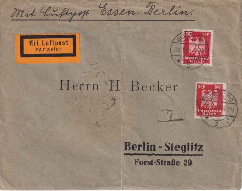 DR - 2x10 Pfg. Adler Luftpostbrief Duisburg - Berlin-Steglitz 1926