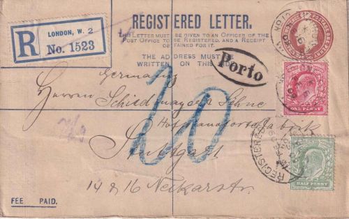 England - 2 P. Ganzsachenumschlag+Zusatz Einschreibebrief London 1909 Nachporto