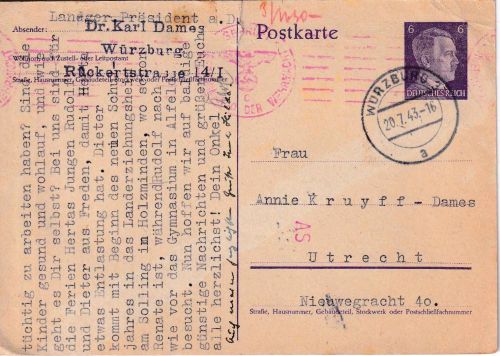 DR - 6 Pfg. AH Ganzsachernkarte n. HOLLAND Würzburg 20.7.43 Zensur + Transorma
