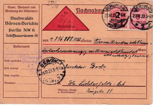 DR-Infla - 2 Mio./5.000 M. u.a. Orts-Nachnahmekarte Berlin NW7 - 23.10.23
