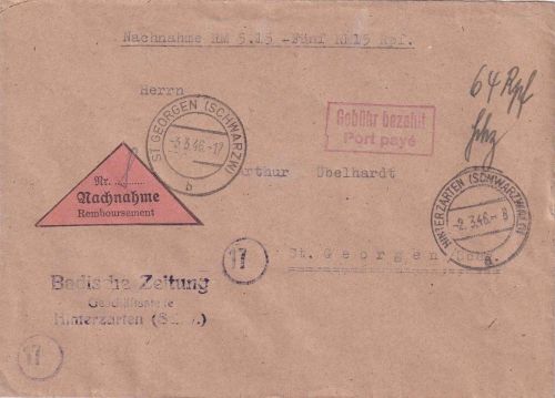 FZ/Baden - Hinterzarten 2.3.46 Nachnahmebrief Ra2 Gebühr bezahlt/Port paye