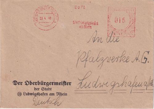 FZ/Rheinl.-Pfalz - Ludwigshafen 23.4.48 16 Pfg. Posthorn PFS Ortsbrief