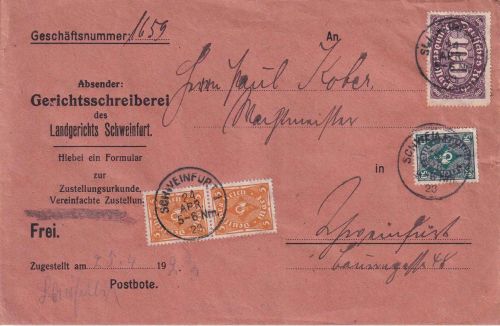 DR-Infla - 100 M. Queroval u.a. Ortszustellurkunde Schweinfurt 24.4.1923