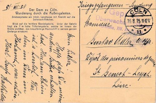 DR - Cöln 11 - 16.8.15 Kriegsgefangenenkarte n. FRANKREICH Zensur Karlsruhe