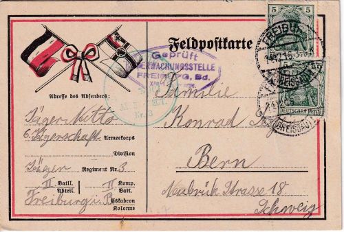 DR - 2x5 Pfg. Germania illustr. Feldpostkarte i.d. SCHWEIZ Freiburg 14.12.16