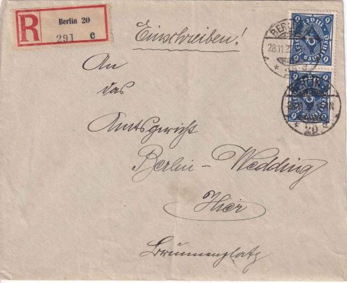 DR-Infla - 2x6 M. Posthorn Ortseinschreibebrief bis 20g Berlin N20 - 28.11.1922