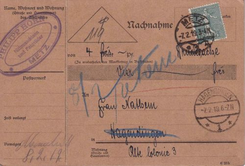 Frankreich/Besetzung Lothringen - 15 C. Säerin Nachnahmekarte Metz 7.2.1919