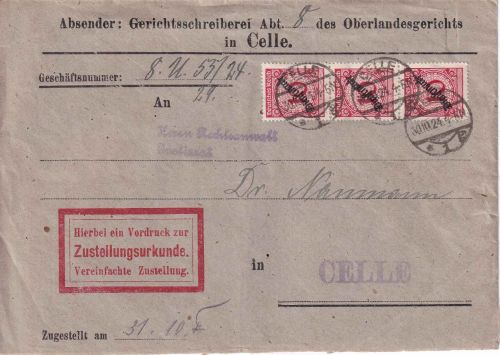 DR - 3x10 Pfg. Korbdeckel/Dienst Ortszustellurkunde Celle 30.10.1924