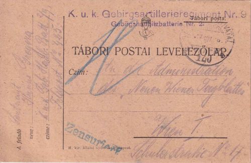 Österreich - Ung. Feldpost Nr. 425 Feldpostkarte (Gebirgstruppe) n. Wien 4.11.17