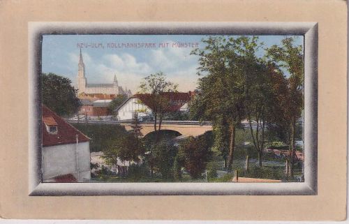 Bayern - Neu-Ulm Kollmannspark m. Münster farb. Passepartout-AK ca. 1910/15