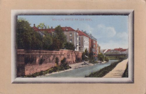 Bayern - Neu-Ulm Partie an der Insel farb. Passepartout-AK ca. 1910/15