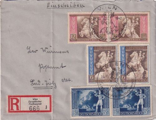 DR - Europ. Postkongress 2 Sätze Einschreibebrief SST/So.-R-Zettel Wien 1942
