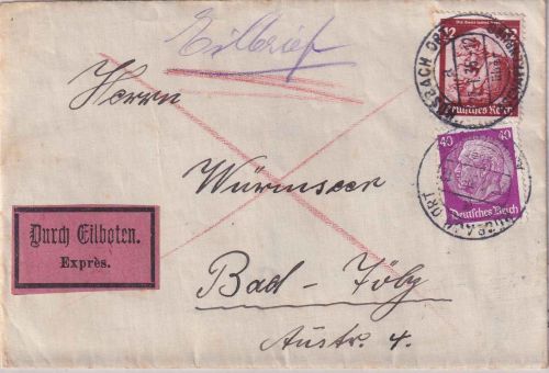 Bayern - Hösbach Ört ü. Aschaffenburg Poststelle I Eilbrief n. Bad Tölz 1935