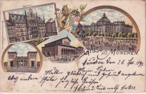 Bayern - München Justizpalast, Rathaus etc. farb. Mehrbildlitho gelaufen 1897