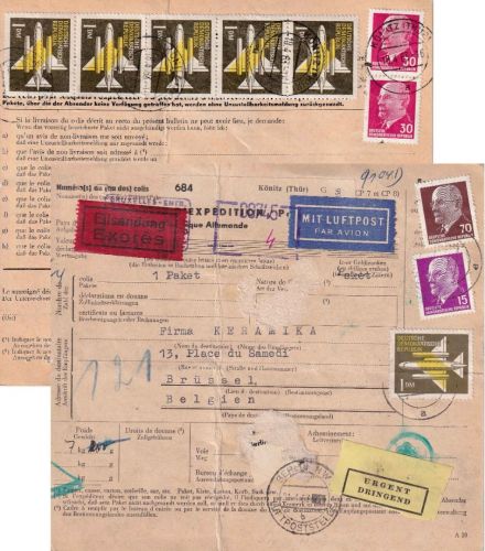 DDR - 6x1 DM Flugpost u.a. Luftpost-Eilpaketkarte n. BELGIEN Könitz Brüssel 1963