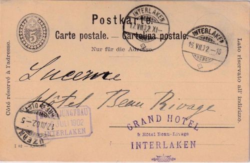 Schweiz - 5 Rp. Ganzsachenkarte Luzern - Interlaken (Hotel Jungfrau) 1902