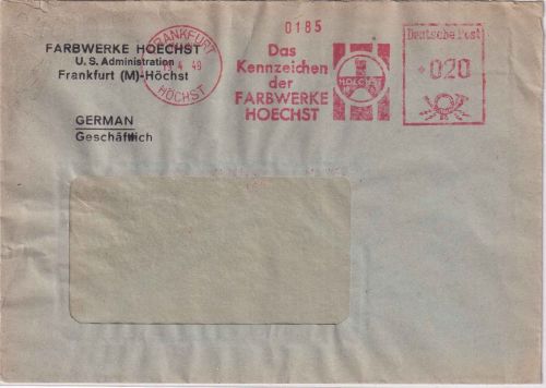 Bizone - Frankfurt-Höchst 19.4.49 20 Pfg. AFS Brief "US-Administration"