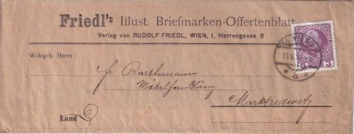 Österreich - 3 H. Jubiläum Streibanddrucksache Wien - Marktredwitz 1910 Abs. !!