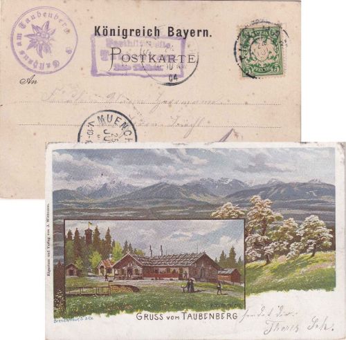 Bayern - Taubenberg T. Thalham Posthilfstellen-Ra3 Ansichtskarte 1904 n. Aying