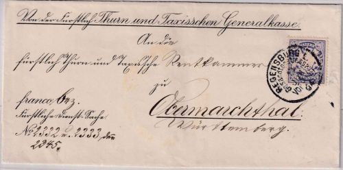 Bayern - 20 Pfg. Wappen Thurn&Taxis-Dienstbrief n Obermarchthal/Württemberg 1894