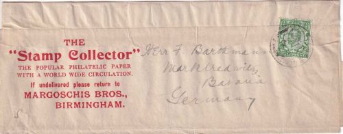 England - 1/2 P. George V. Streifband Birmingham - Marktredwitz 1912 Absender !