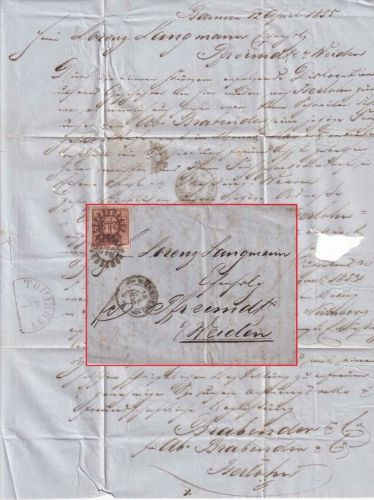 Bayern - 6 Kr. Quadrat braun Brief v. Barmen (!) 2x gMR 243 Nürnberg 18.4.1855