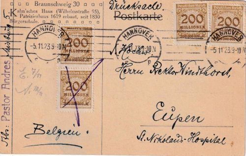 DR-Infla - 4x200 Mio. Korbdeckel Drucksachenkarte n. BELGIEN Hannover 5.11.23