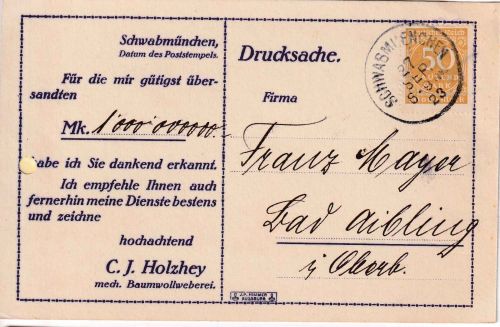 DR-Infla - 50 Tsd M. Ziffer Drucksachenkarte Schwabmünchen - Bad Aibling 27.9.23