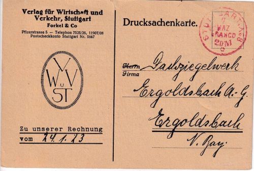 DR-Infla - Stuttgart No.8 7 MRZ Franco 20M Drucksachenkarte n. Ergoldsbach 1923