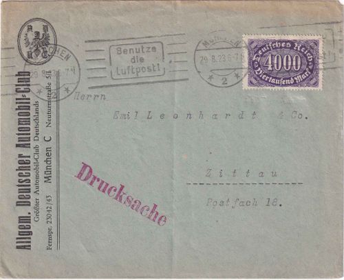 DR-Infla - 4.000 M. Queroval Drucksachenbrief 2. Gew.st. München Zittau 29.8.23
