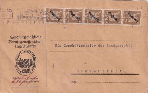 DR - 3 Pfg. Adler/Dienst 5er-Streifen Brief Würzburg - Schweinfurt 8.3.28
