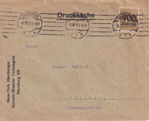 DR-Infla - 400 Tsd./40 Pfg. Ziffer Drucksachenbrief Hamburg - Nürnberg 6.10.23