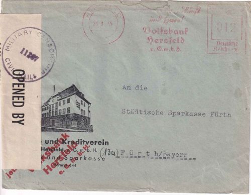 DR - Hersfeld 23.3.45 12 Pfg. AFS "Volksbank" Brief (Überroller) n. Fürth