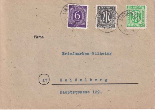 AM-Post - Lindenfels (o.Dat.) nachv. kl. DR-K1 Brief n. Heidelberg (1946)