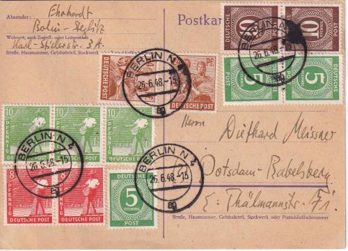 All.Bes./Währungsreform - Berlin 26.6.48 Zehnfachfrankatur Fernkarte n. Potsdam