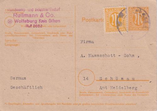AM-Post - Wolfsburg (12.3.46) Notstempel 6 Pfg. Ganzsache + Zusatz n. Schönau