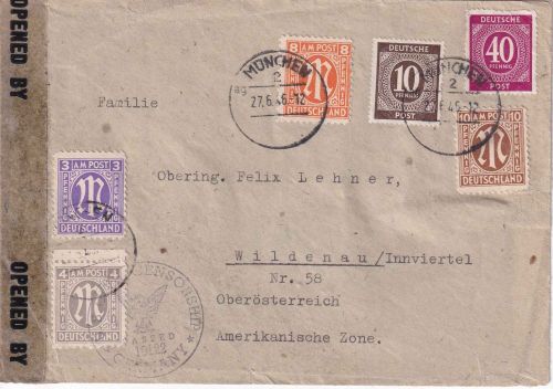 All.Bes./AM-Post - 40 Pfg. Ziffer u.a. Zensurbrief n. ÖSTERREICH München 27.6.46