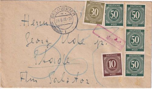 All.Bes./Währungsreform - 4x50+30+10 Pfg Ziffer Brief Solingen 29.6.48 Nachporto