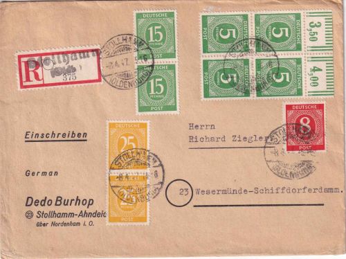 All.Bes.. - 15 Pfg. Ziffer 4er-Bl./OR-Walze u.a. Einschreibebrief Stollhamm 1947