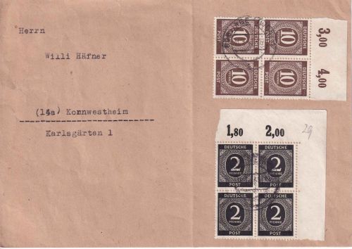 All.Bes.. - 10+2 Pfg. Ziffer 4er-Blöcke/Platte Fernbrief Böblingen 11.1.47