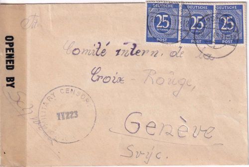 All.Bes. - 3x25 Pfg. Ziffer blau Zensurbrief i.d. SCHWEIZ Jpsheim - Genf 20.4.46