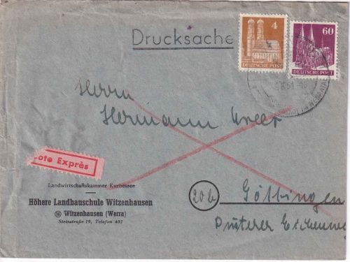 Bizone - 60+4 Pfg. Bauten Eilboten-Drucksache Witzenhausen - Göttingen1951