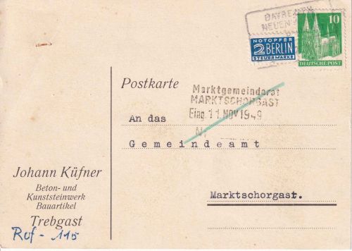 Bizone - Bayreuth Neuenmarkt Bahnpost Karte Trebgast - Marktschorgast 1949