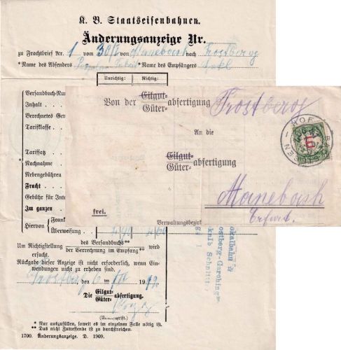 Bayern - 5 Pfg. Wappen/E Drucksache (Änderungsanzeige Bahnpost Hof Bad Steben