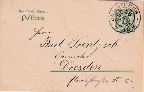 Bayern - Bad Steben Hof Bahnpost Zug 6 K2 5 Pfg. Ganzsachenkarte Bad Steben 1909