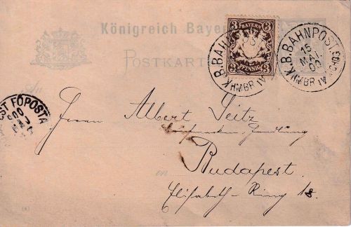 Bayern - Helbrechts IV Münchberg Bahnpost Ganzsachenkarte n. UNGARN 1900