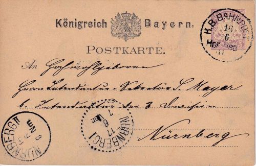 Bayern - Hof Nürnberg III Bahnpost Ganzsachenkarte Baiersdorf - Nürnberg 1882