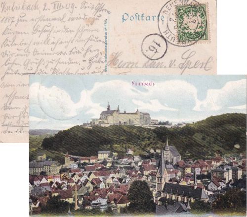Bayern - Neuenmarkt Bayreuth Zug 1102 Bahnpost-K2 karte Kulmbach - Amberg 1909